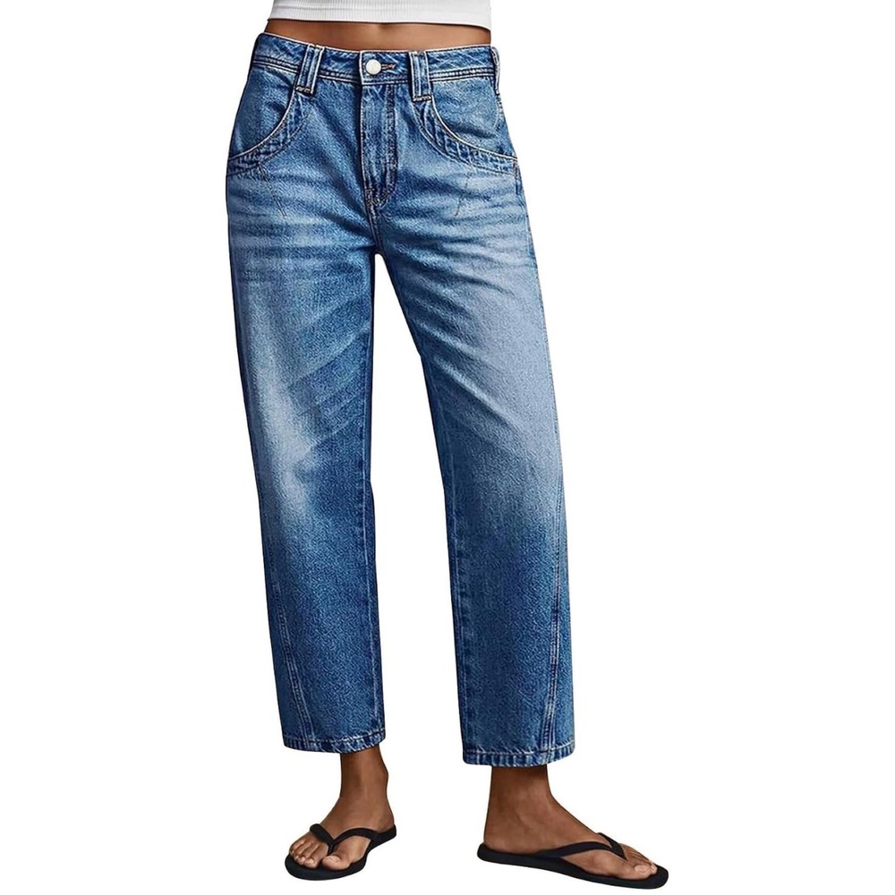 NWT Flamingals Women Medium Wash Straight Leg Jeans Mid Rise Blue Size L 271768
